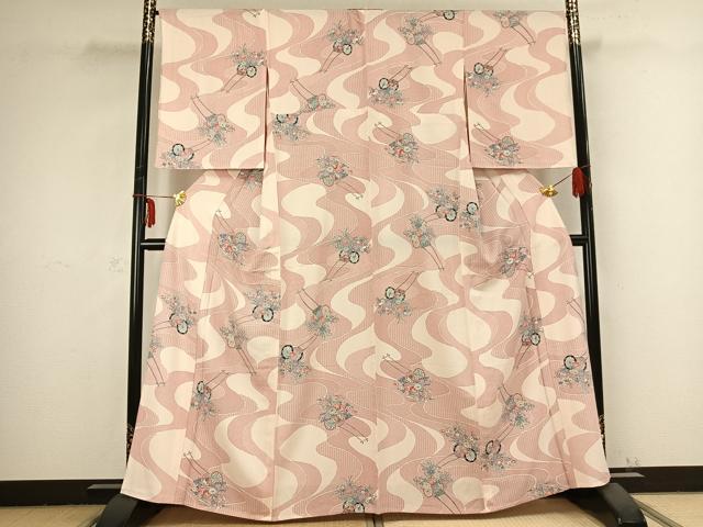 平和屋着物▽上質な小紋 単衣 片輪車花文 正絹 逸品 AABB2406fy
