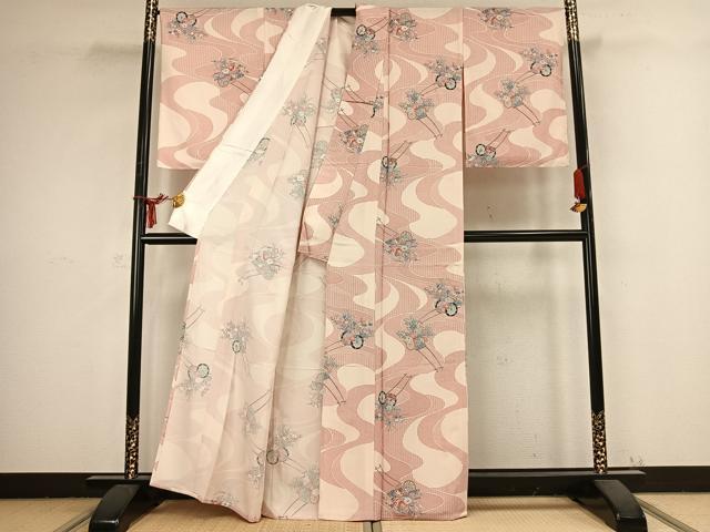 平和屋着物▽上質な小紋 単衣 片輪車花文 正絹 逸品 AABB2406fy