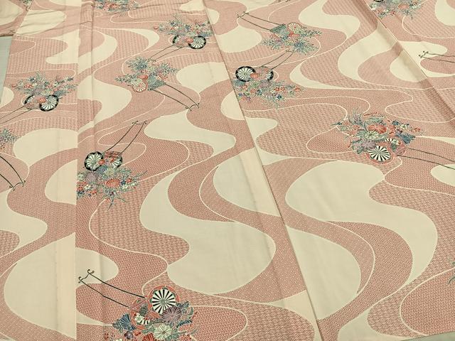 平和屋着物▽上質な小紋 単衣 片輪車花文 正絹 逸品 AABB2406fy