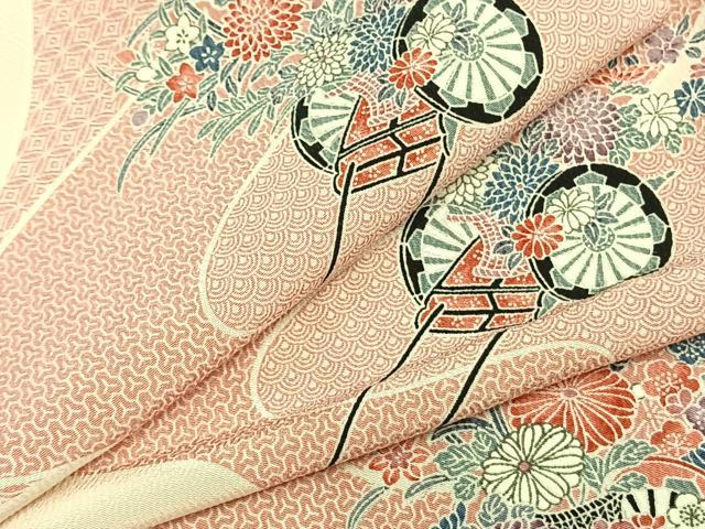 平和屋着物▽上質な小紋 単衣 片輪車花文 正絹 逸品 AABB2406fy