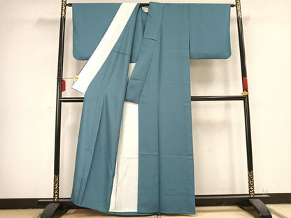 平和屋着物▽上質な色無地 単衣 草花地紋 錆浅葱色 正絹 逸品 AABB2407fy