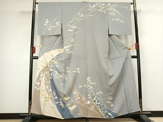 平和屋着物▽訪問着 単衣 駒刺繍 花鳥文 金彩 正絹 逸品 AABB2408fy