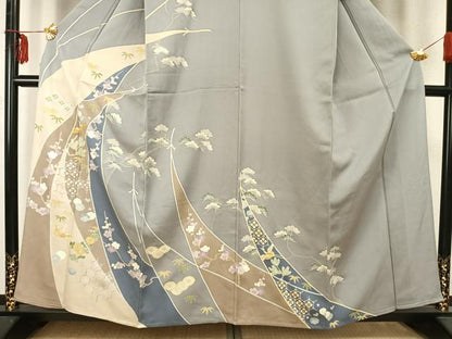 平和屋着物▽訪問着 単衣 駒刺繍 花鳥文 金彩 正絹 逸品 AABB2408fy