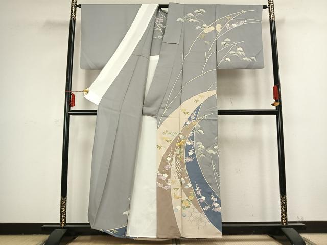 平和屋着物▽訪問着 単衣 駒刺繍 花鳥文 金彩 正絹 逸品 AABB2408fy