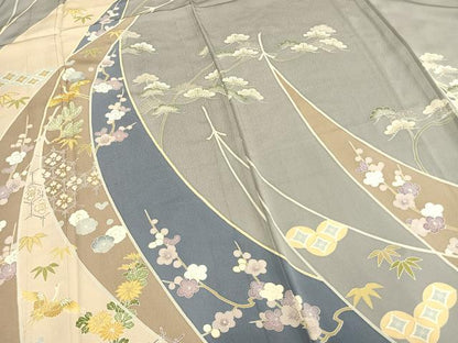 平和屋着物▽訪問着 単衣 駒刺繍 花鳥文 金彩 正絹 逸品 AABB2408fy
