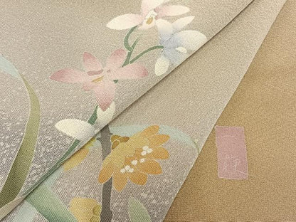 平和屋着物▽十日町友禅作家　一梗　訪問着　単衣　草花文　正絹　逸品　AABB2410fy