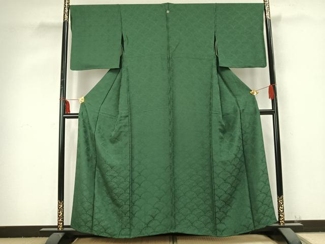 平和屋着物▽上質な色無地 単衣 扇面地紋 緑青色 正絹 逸品 AABB2417fy