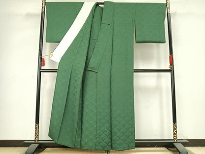 平和屋着物▽上質な色無地 単衣 扇面地紋 緑青色 正絹 逸品 AABB2417fy