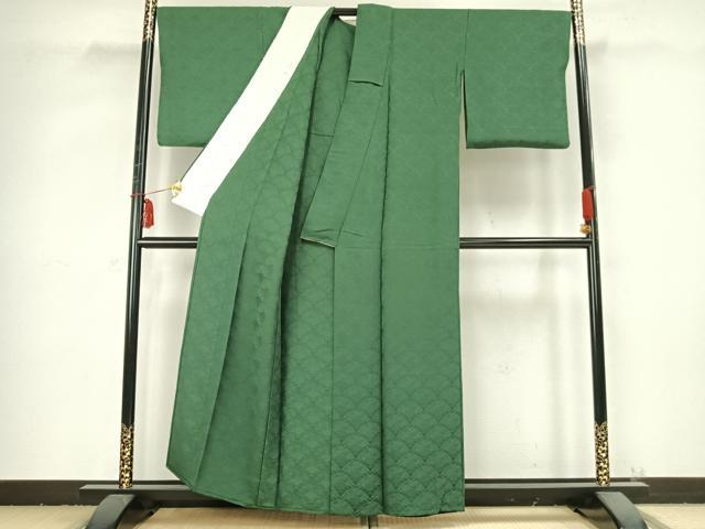 平和屋着物▽上質な色無地 単衣 扇面地紋 緑青色 正絹 逸品 AABB2417fy
