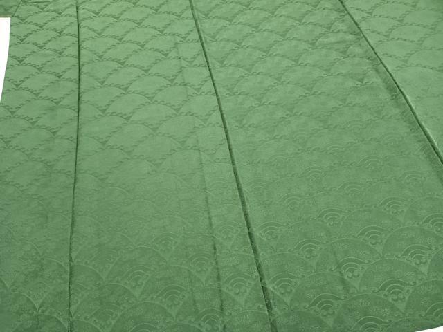 平和屋着物▽上質な色無地 単衣 扇面地紋 緑青色 正絹 逸品 AABB2417fy