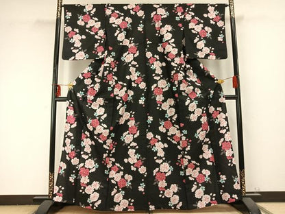平和屋着物▽小紋　単衣　草花文　黒地　洗える着物　AABB2427fy