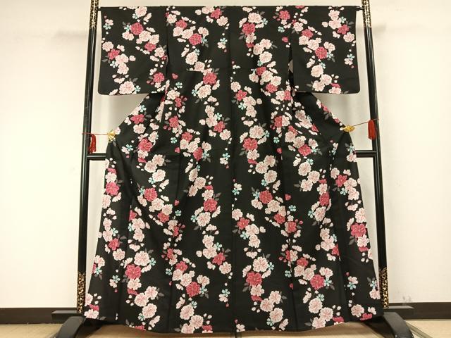 平和屋着物▽小紋　単衣　草花文　黒地　洗える着物　AABB2427fy