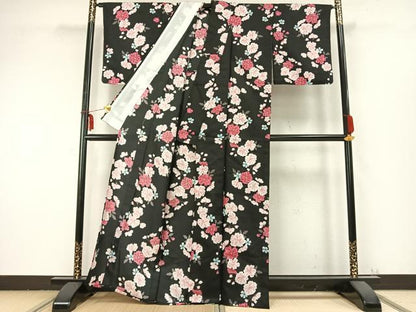 平和屋着物▽小紋　単衣　草花文　黒地　洗える着物　AABB2427fy