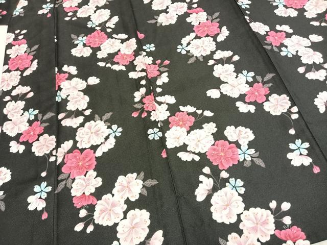 平和屋着物▽小紋　単衣　草花文　黒地　洗える着物　AABB2427fy