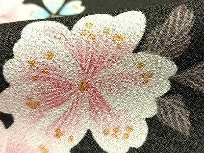 平和屋着物▽小紋　単衣　草花文　黒地　洗える着物　AABB2427fy