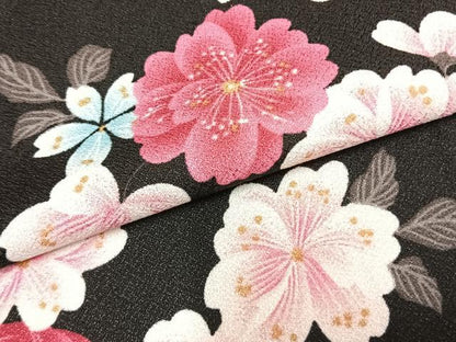 平和屋着物▽小紋　単衣　草花文　黒地　洗える着物　AABB2427fy