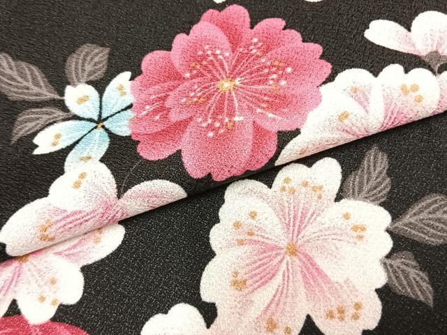 平和屋着物▽小紋　単衣　草花文　黒地　洗える着物　AABB2427fy
