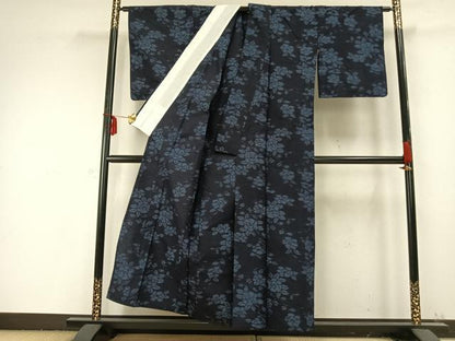 平和屋着物▽上質な紬　単衣　草花文　正絹　逸品　AABB2434fy
