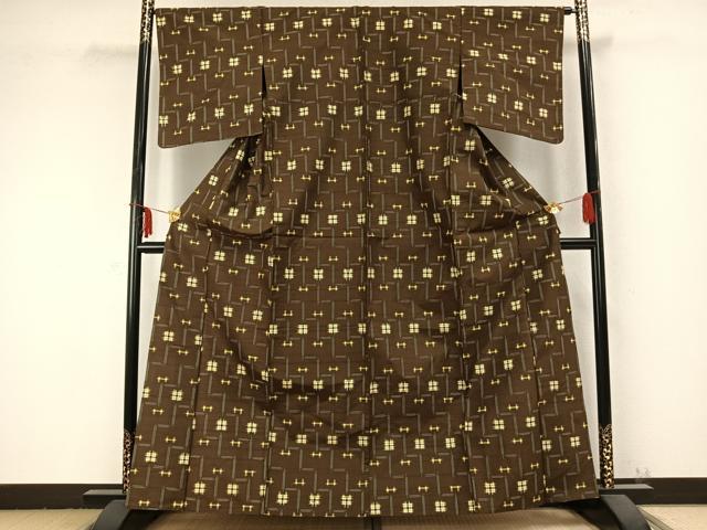 平和屋着物▽上質な紬　単衣　幾何学文様　正絹　逸品　AABB2437fy