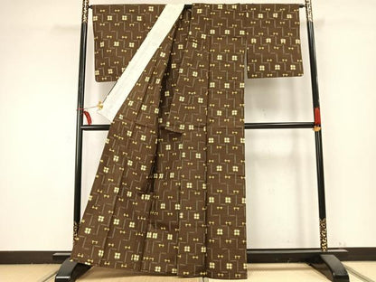 平和屋着物▽上質な紬　単衣　幾何学文様　正絹　逸品　AABB2437fy