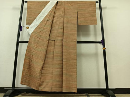 平和屋着物▽上質な紬 単衣 横段文 正絹 逸品 AABB2448jh