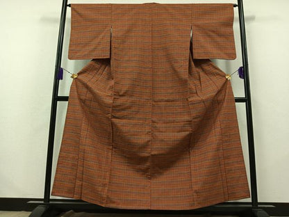 平和屋着物▽上質な紬　単衣　格子　正絹　逸品　AABB2453jh