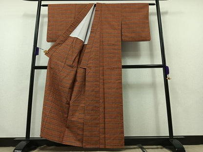 平和屋着物▽上質な紬　単衣　格子　正絹　逸品　AABB2453jh