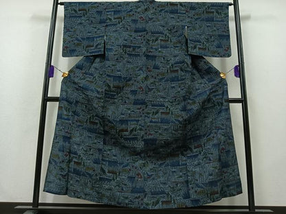 平和屋着物▽上質な紬 単衣 風景文 正絹 逸品 AABB2454jh