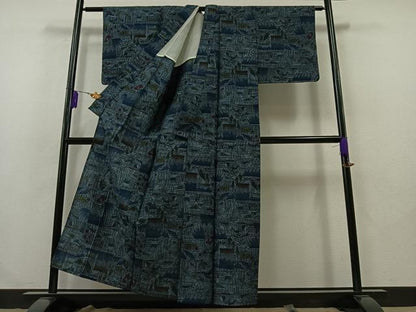 平和屋着物▽上質な紬 単衣 風景文 正絹 逸品 AABB2454jh