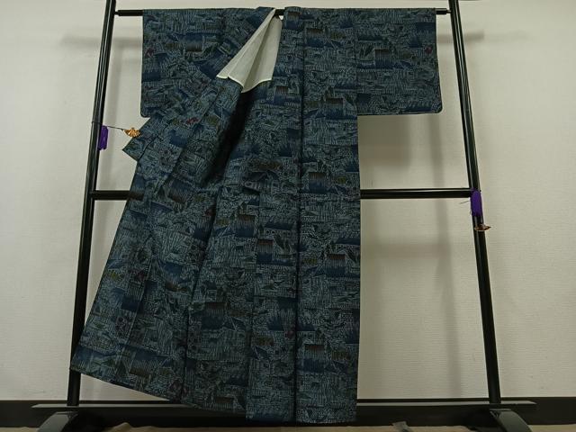 平和屋着物▽上質な紬 単衣 風景文 正絹 逸品 AABB2454jh