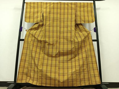 平和屋着物▽黄八丈 紬 単衣 格子 正絹 逸品 AABB2455jh