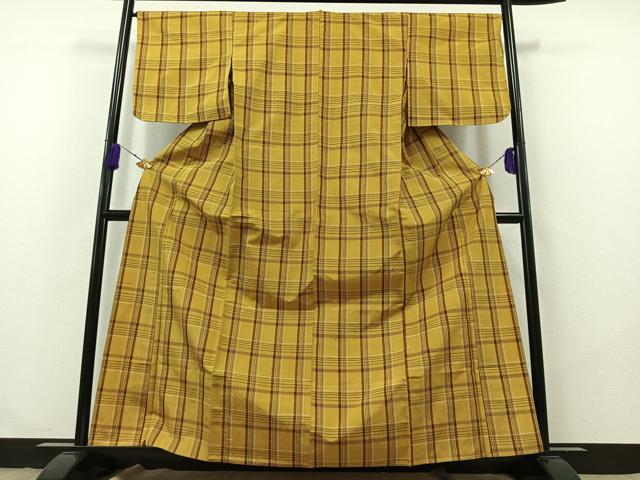 平和屋着物▽黄八丈 紬 単衣 格子 正絹 逸品 AABB2455jh