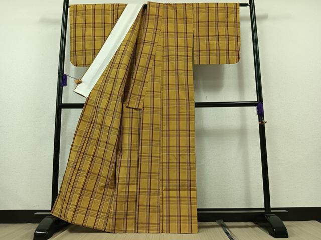 平和屋着物▽黄八丈 紬 単衣 格子 正絹 逸品 AABB2455jh