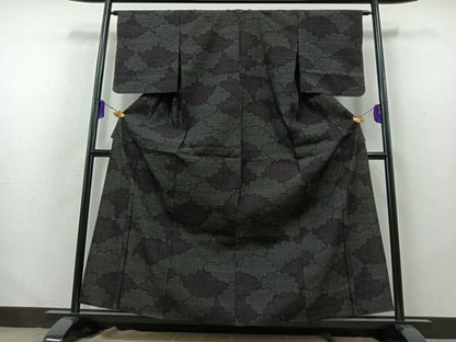 平和屋着物▽結城紬 単衣 80亀甲 雲取り文 正絹 逸品 AABB2457jh