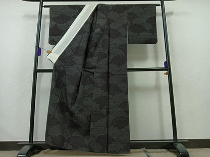 平和屋着物▽結城紬 単衣 80亀甲 雲取り文 正絹 逸品 AABB2457jh