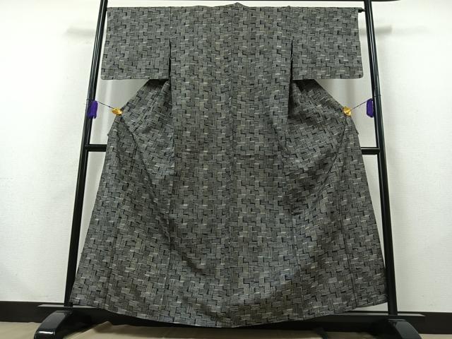 平和屋着物▽上質な紬 単衣 網代文様 正絹 逸品 AABB2459jh