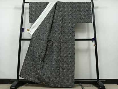 平和屋着物▽上質な紬 単衣 網代文様 正絹 逸品 AABB2459jh