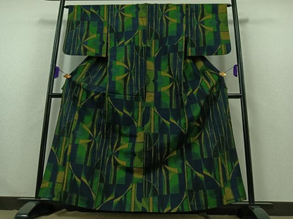 平和屋着物▽上質な紬 単衣 幾何学文様 正絹 逸品 AABB2464jh