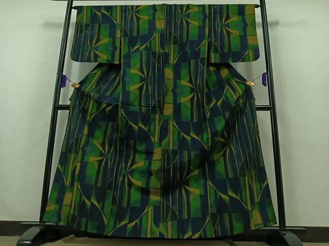 平和屋着物▽上質な紬 単衣 幾何学文様 正絹 逸品 AABB2464jh
