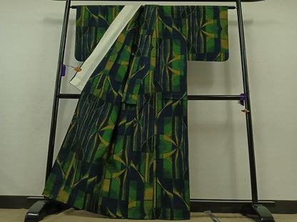 平和屋着物▽上質な紬 単衣 幾何学文様 正絹 逸品 AABB2464jh