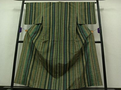 平和屋着物▽上質な紬 単衣 縞 正絹 逸品 AABB2465jh