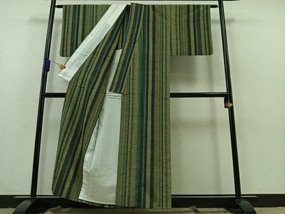 平和屋着物▽上質な紬 単衣 縞 正絹 逸品 AABB2465jh