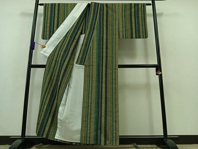 平和屋着物▽上質な紬 単衣 縞 正絹 逸品 AABB2465jh