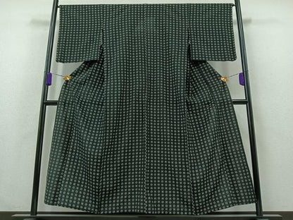 平和屋着物▽お召 単衣 吉祥文 黒地 正絹 逸品 AABB2467jh