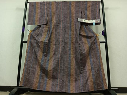 平和屋着物▽上質な紬 単衣 暈し縞 反端付き 正絹 逸品 AABB2472jh