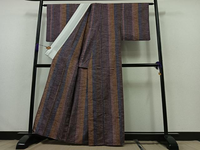 平和屋着物▽上質な紬 単衣 暈し縞 反端付き 正絹 逸品 AABB2472jh