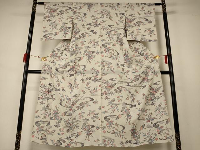 平和屋着物＊夏物 小紋 絽 型染め 流水草花文 正絹 逸品 AABB2508jd