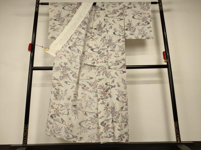 平和屋着物＊夏物 小紋 絽 型染め 流水草花文 正絹 逸品 AABB2508jd