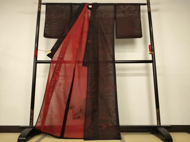 平和屋着物＊夏物 小紋 紗 芝葉文 正絹 逸品 AABB2541jd