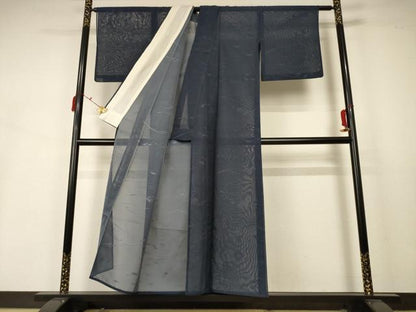 平和屋着物＊夏物　色無地　芝紋紗　藍鉄色　正絹　逸品　AABB2555jd